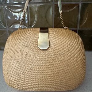 Vintage Natural Woven Straw Shoulder Bag with Gold Accents